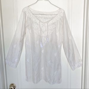 Boho White Embroidered Tunic Tassel Flowy Blouse
